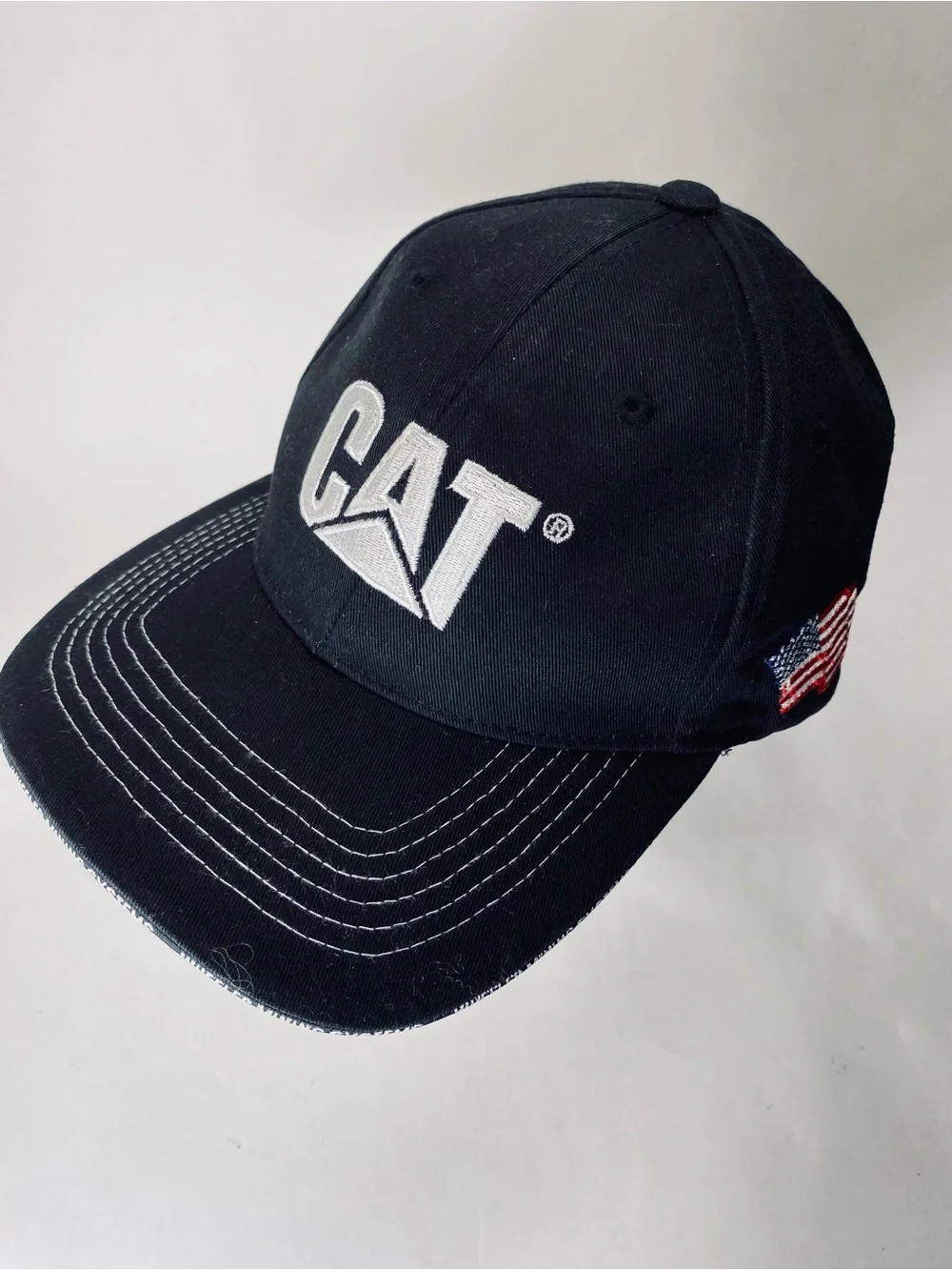 CAT Caterpillar Black Baseball Cap with White Logo and American Flag Patch